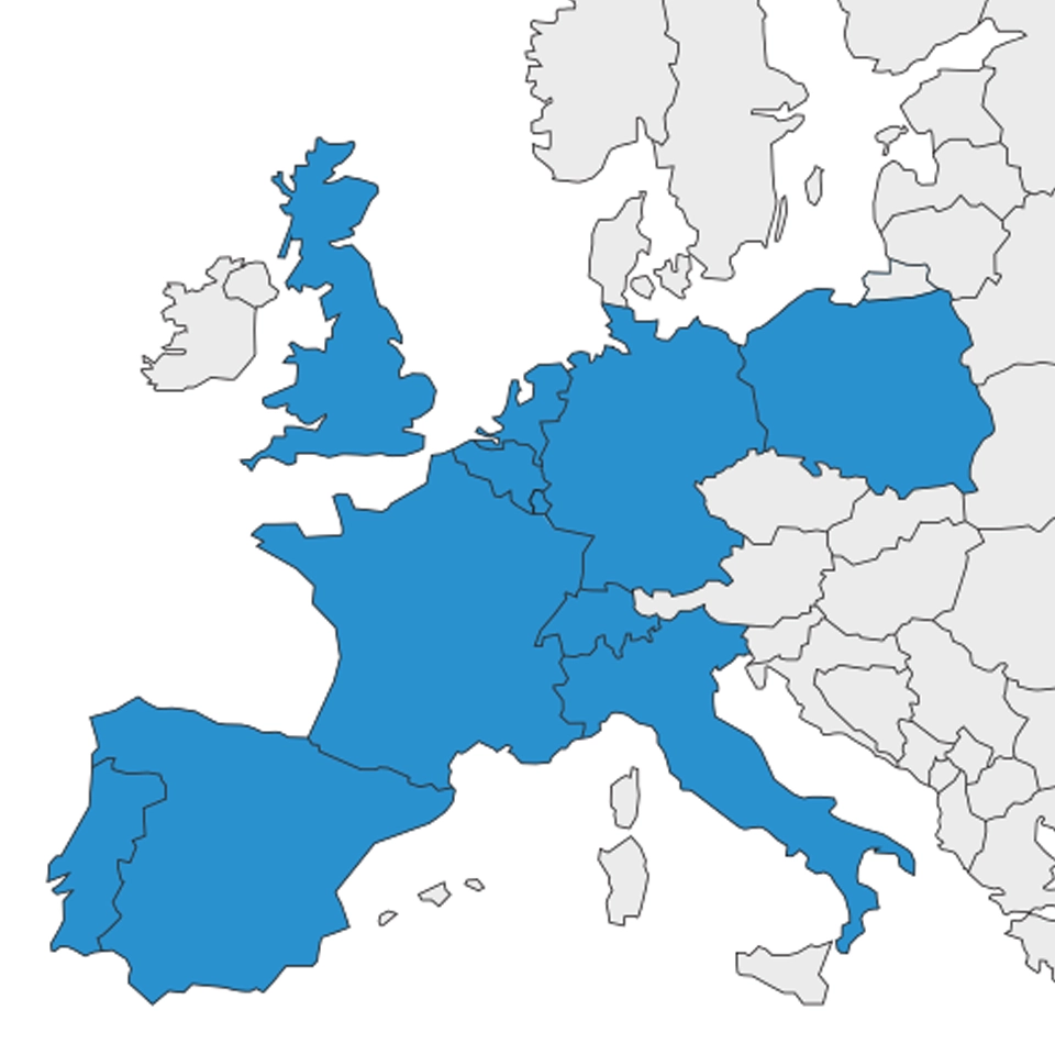 Carte d'Europe avec les pays où est implanté Eiffage