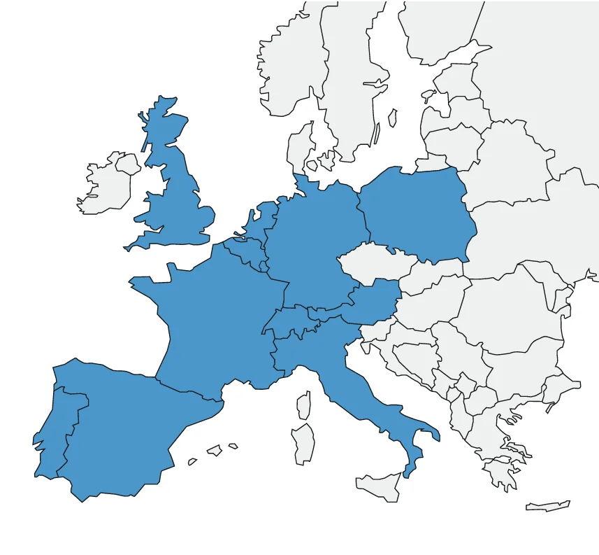 Carte d'Europe avec les pays où est implanté Eiffage